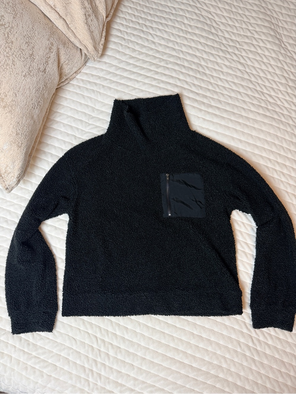 Black Cozy Sherpa Funnel Neck Sweater with Zip Pocket